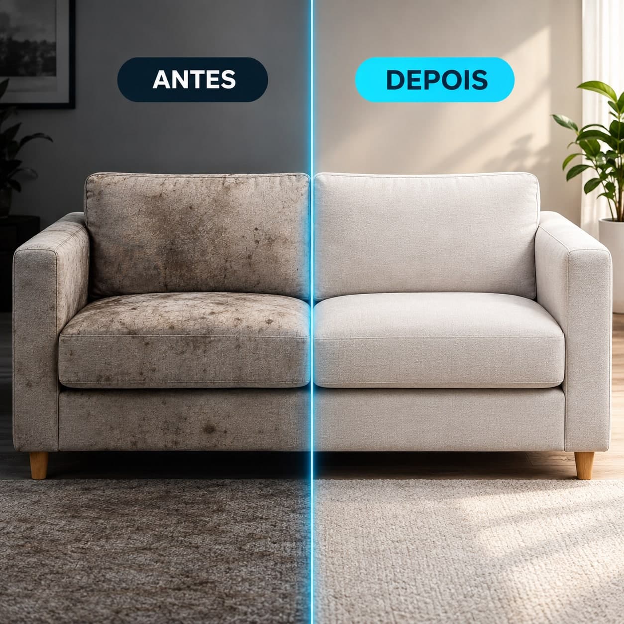 Sofá antes e depois da higienização pela Zap Clean